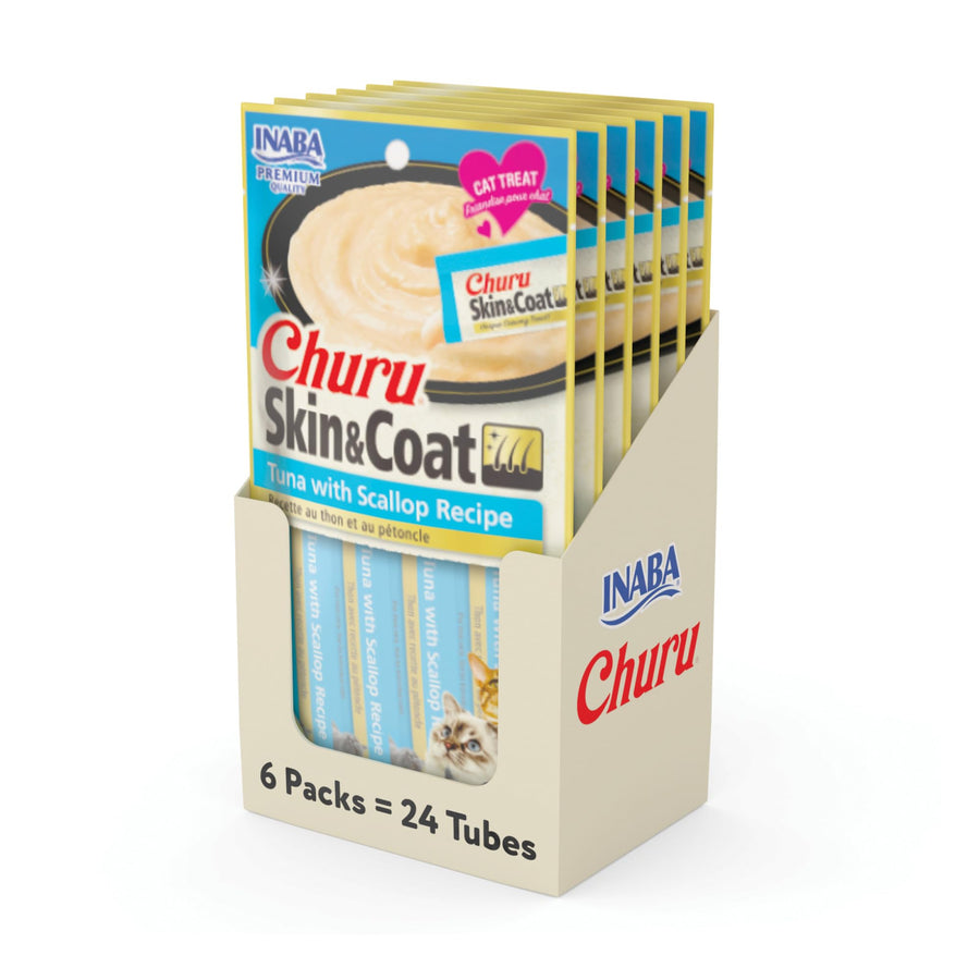 Inaba Churu Skin & Coat Premio para gato receta de atún/vieira (caja 24 tubos 14g c/u)