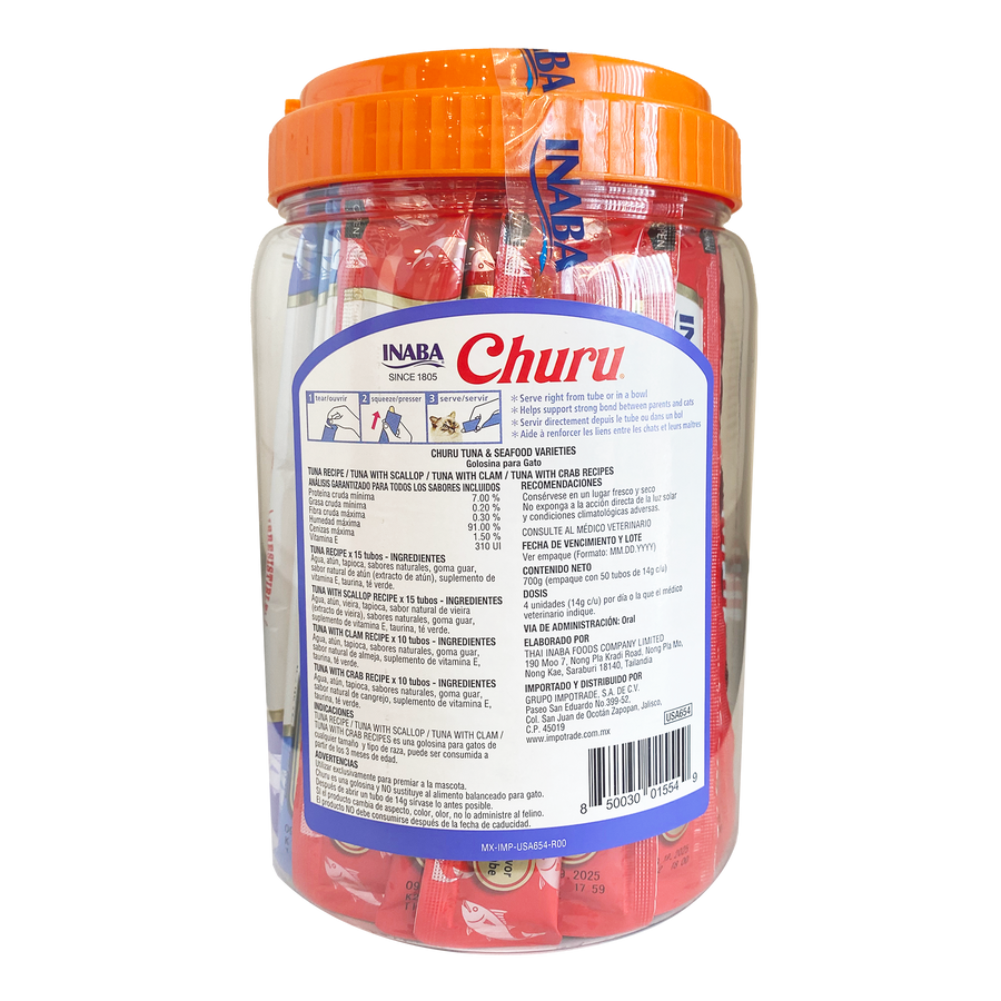 Inaba Churu Premio para gato variedad de atún y mariscos (bote 50 piezas)
