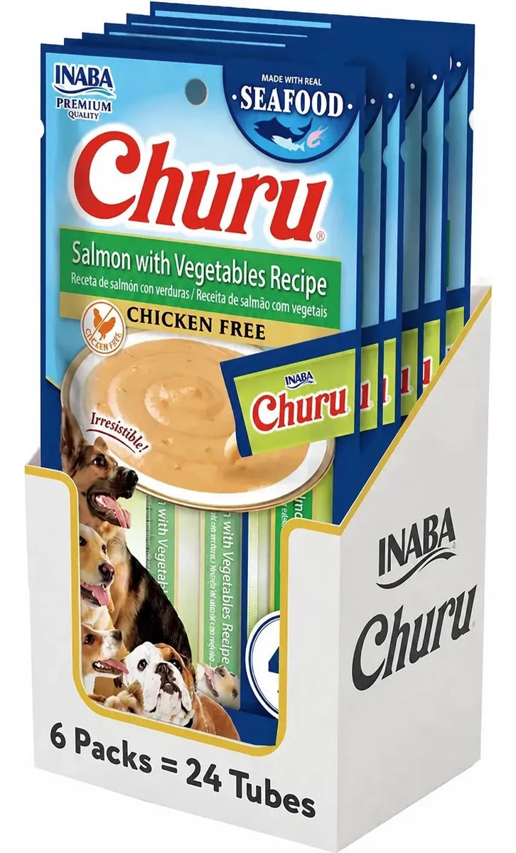 Inaba Churu Dog Premios para Perro Receta de Salmón y Vegetales  (caja 24 tubos 14g c/u)