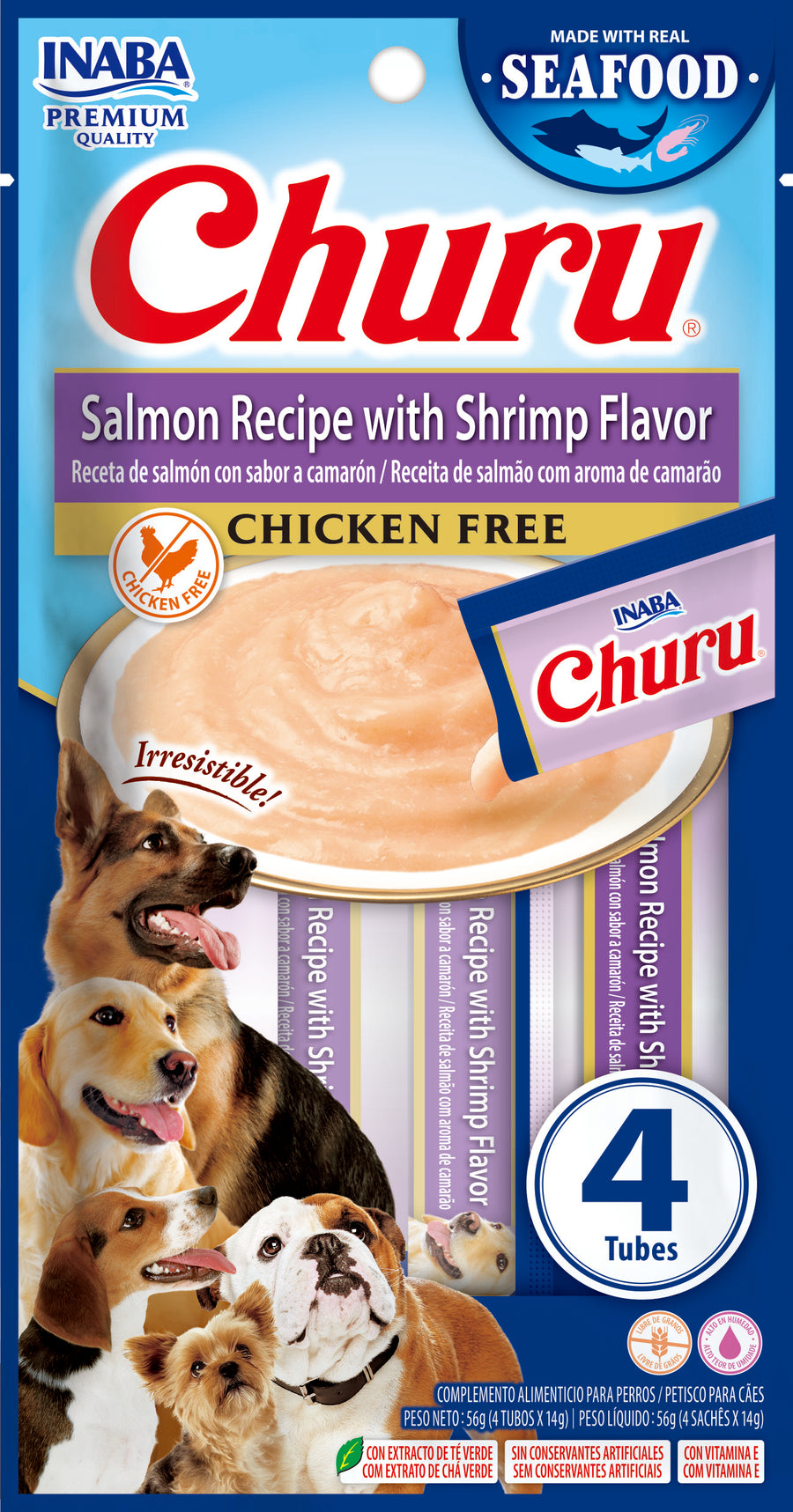 Inaba Churu Dog Premios para Perro Receta de Salmón y Camarón (caja 24 tubos 14g c/u)
