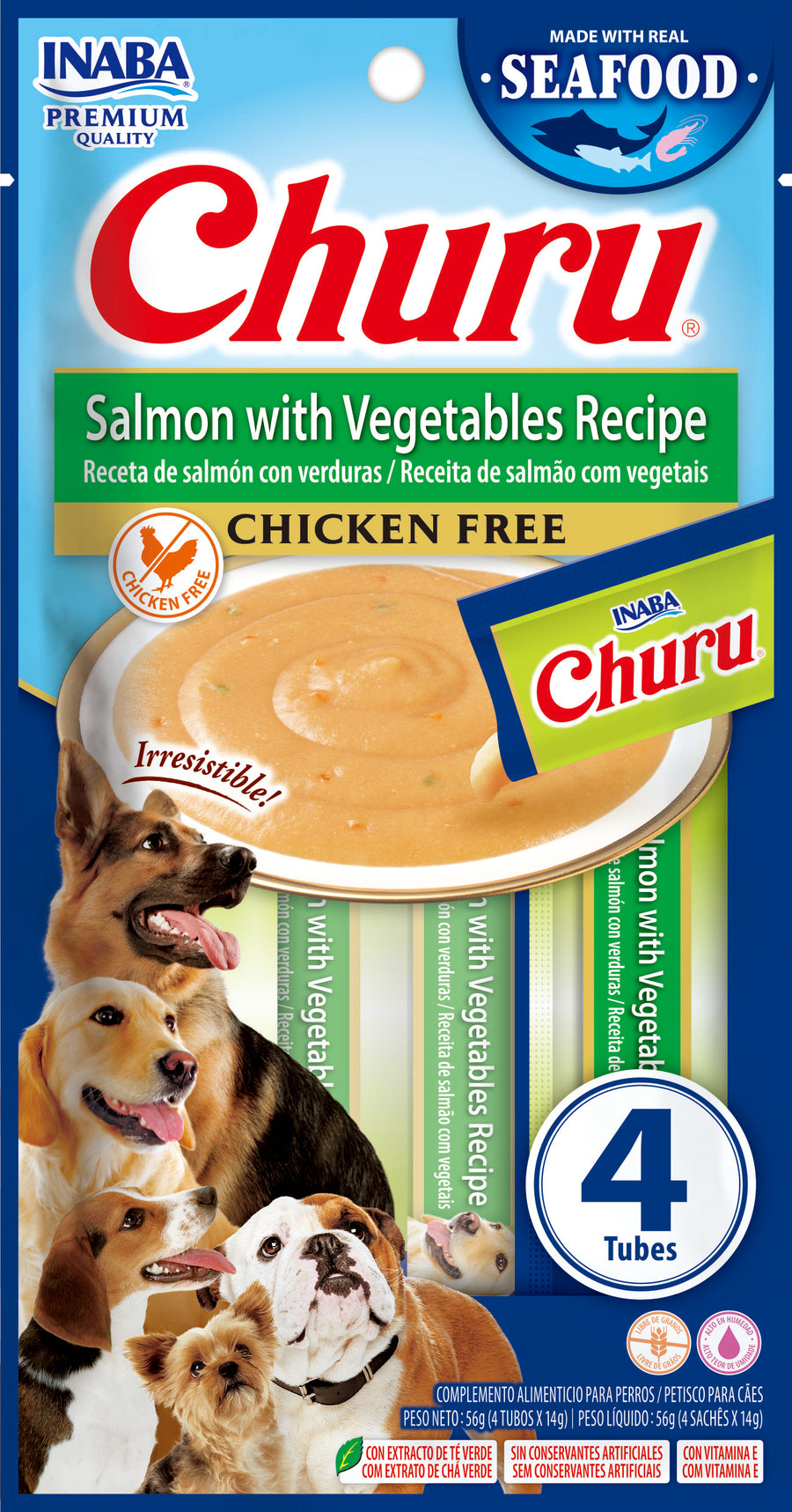 Inaba Churu Dog Premios para Perro Receta de Salmón y Vegetales  (caja 24 tubos 14g c/u)