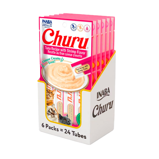 Inaba Churu Premio para gato receta de atún/camarón (caja 24 tubos 14g c/u)