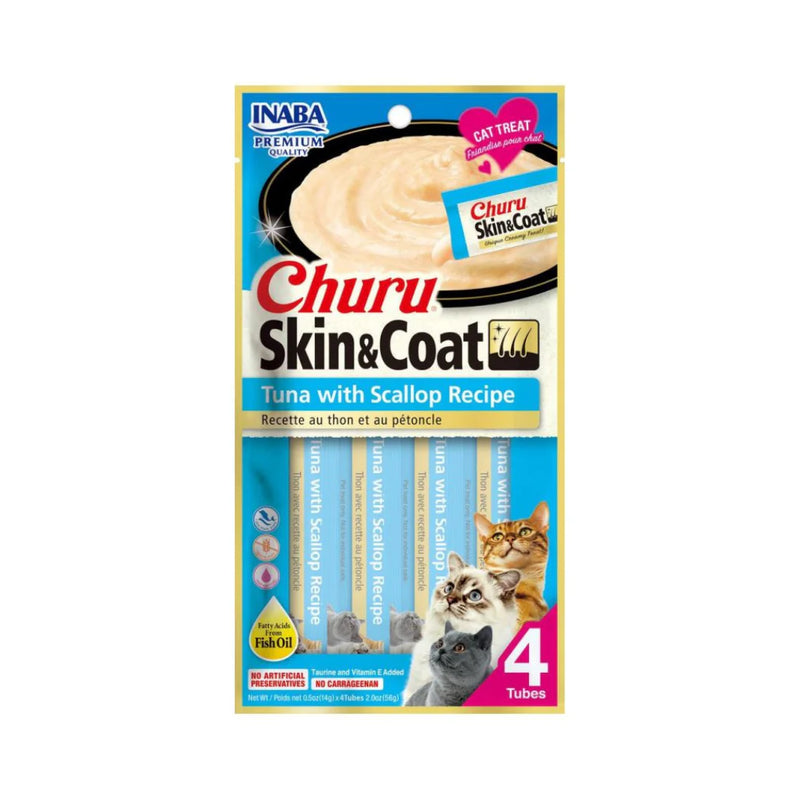Inaba Churu Skin & Coat Premio para gato receta de atún/vieira (caja 24 tubos 14g c/u)